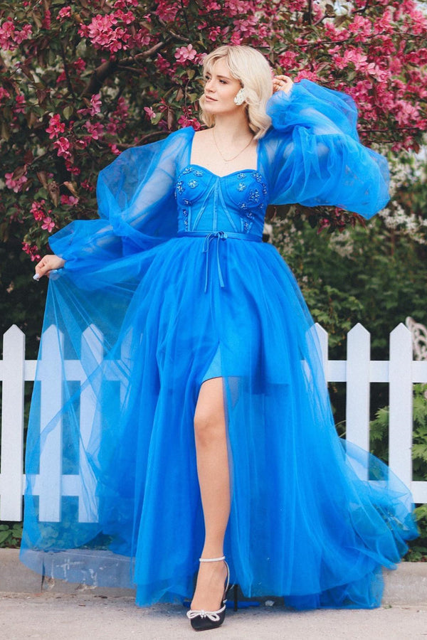 Luolandi A line Long Sleeves Satin Tulle Prom Dress with Slit Blue Sexy Evening Dress